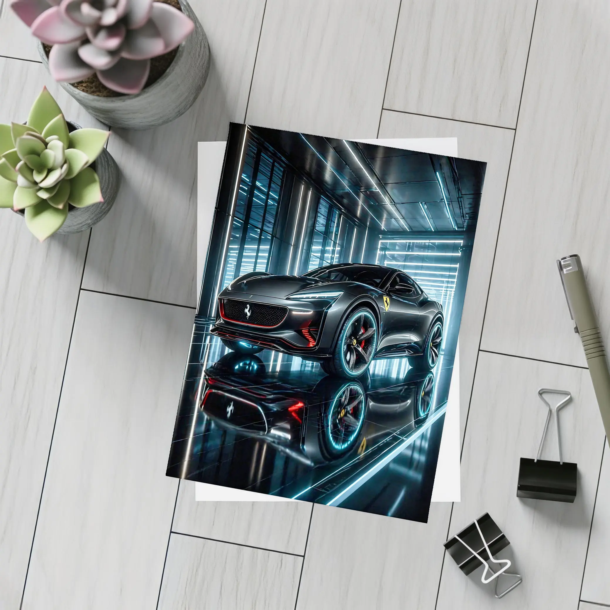 Ferrari Purosangue Black Neon Showroom Night – Postcards