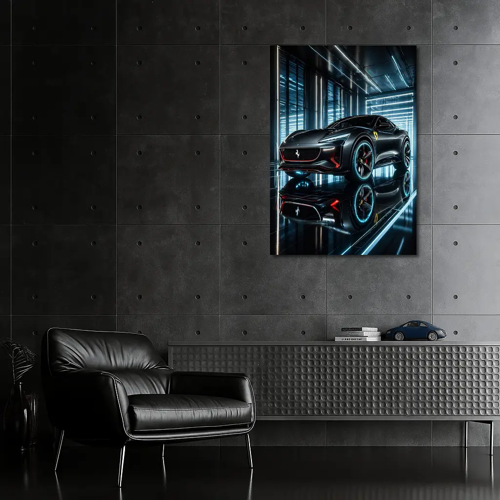 Ferrari Purosangue Black Neon Showroom Night – Wall Art
