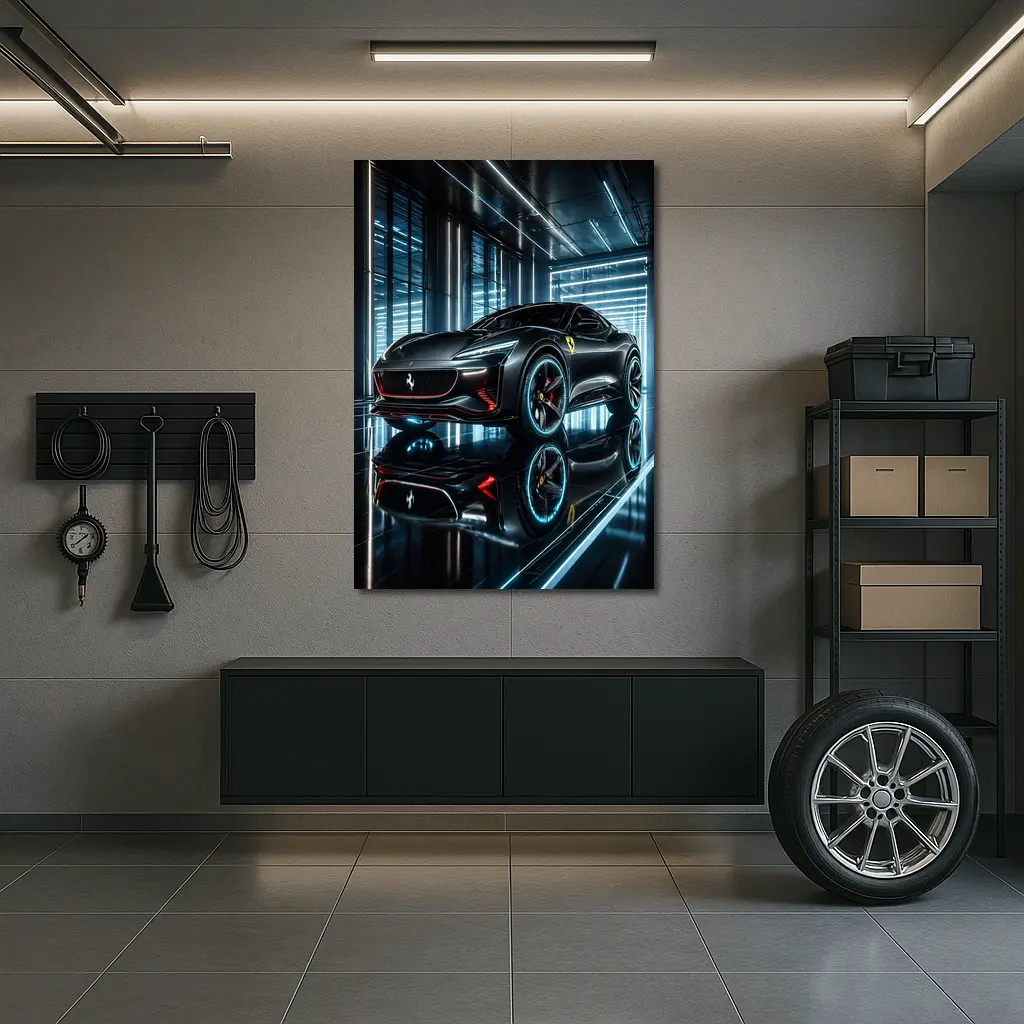 Ferrari Purosangue Black Neon Showroom Night – Wall Art