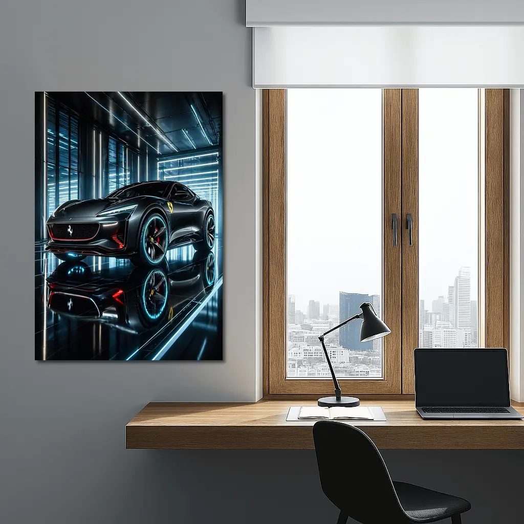 Ferrari Purosangue Black Neon Showroom Night – Wall Art