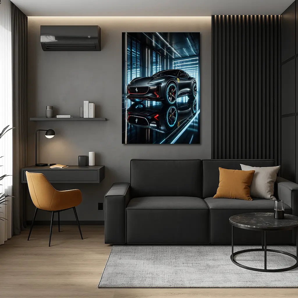 Ferrari Purosangue Black Neon Showroom Night – Wall Art