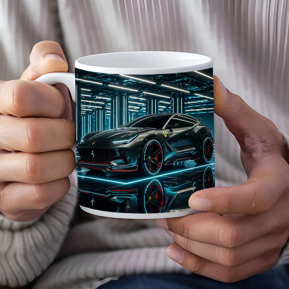 Ferrari Purosangue Black Neon Futuristic Garage – Mugs