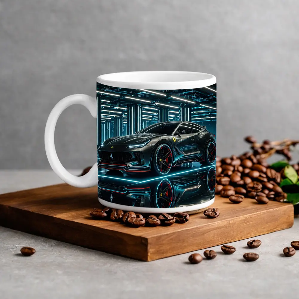 Ferrari Purosangue Black Neon Futuristic Garage – Mugs