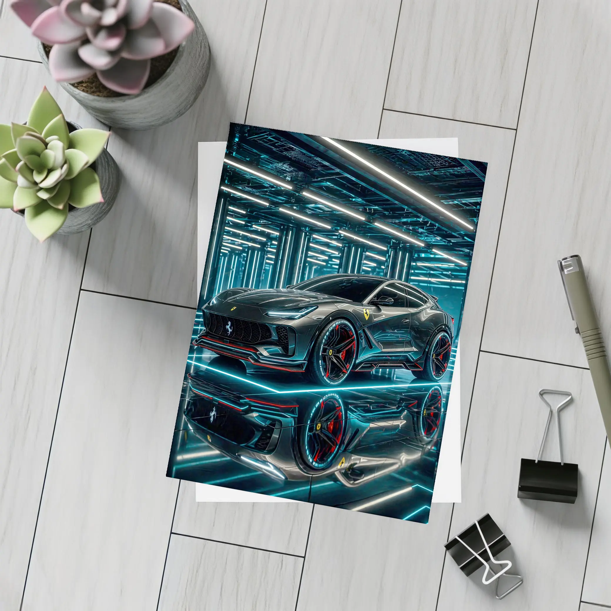 Ferrari Purosangue Black Neon Futuristic Garage – Postcards