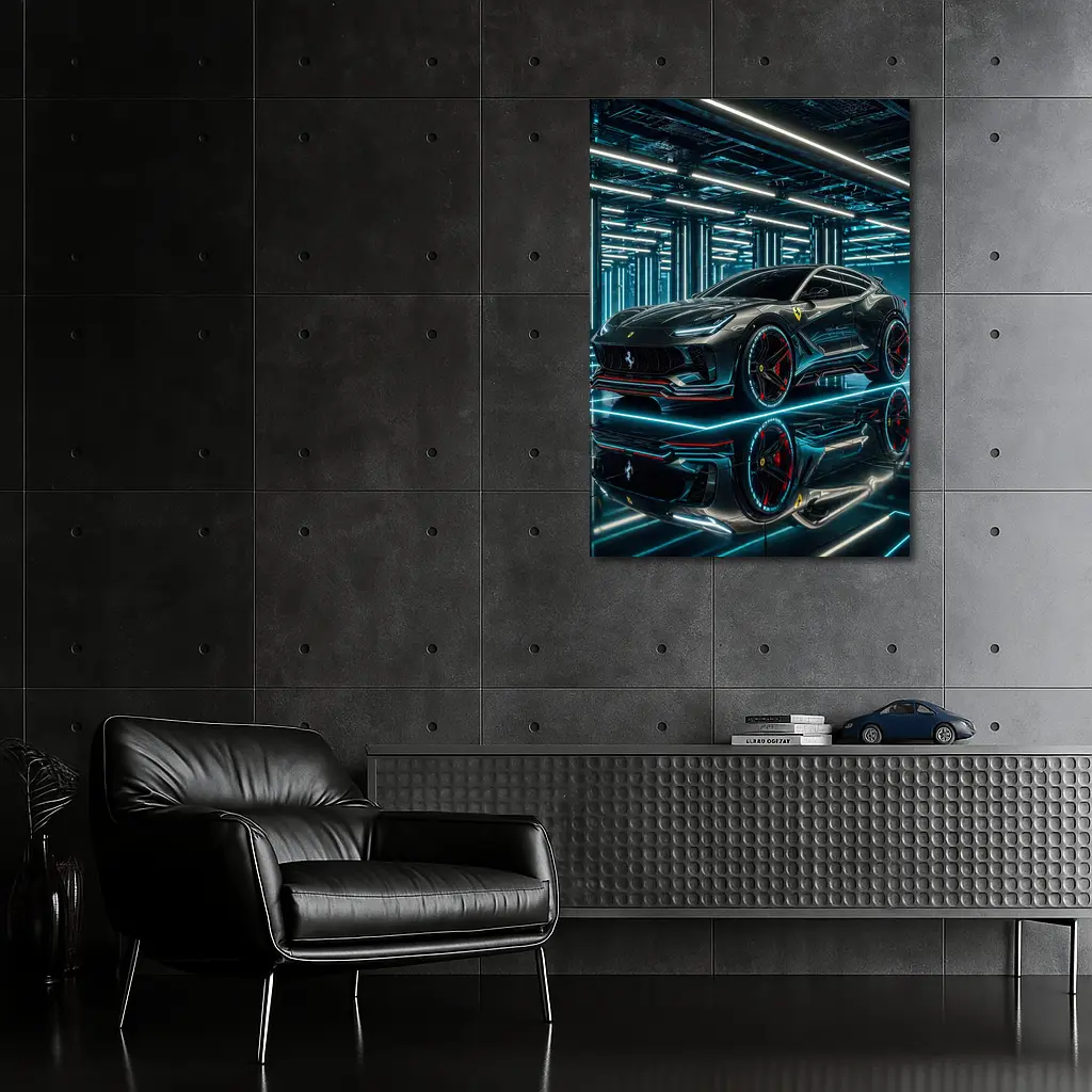 Ferrari Purosangue Black Neon Futuristic Garage – Wall Art