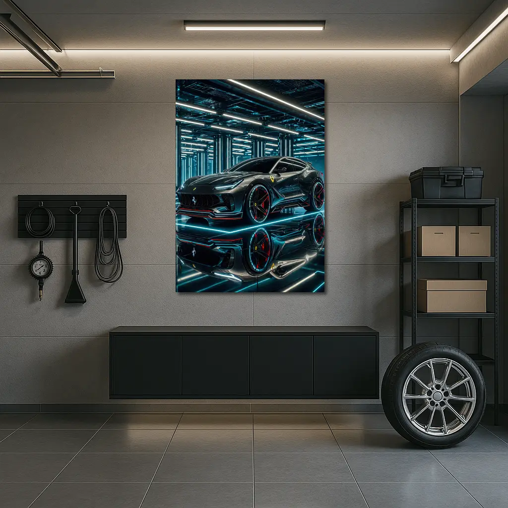 Ferrari Purosangue Black Neon Futuristic Garage – Wall Art