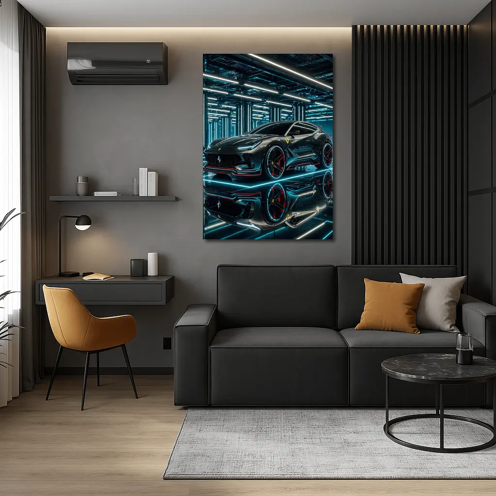 Ferrari Purosangue Black Neon Futuristic Garage – Wall Art