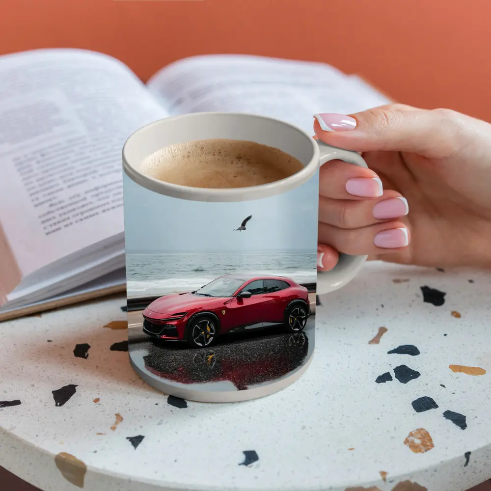 Ferrari Purosangue Red Wet Coastal Road – Mugs