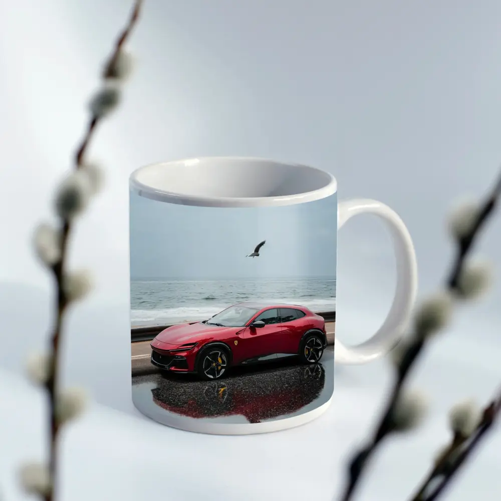 Ferrari Purosangue Red Wet Coastal Road – Mugs