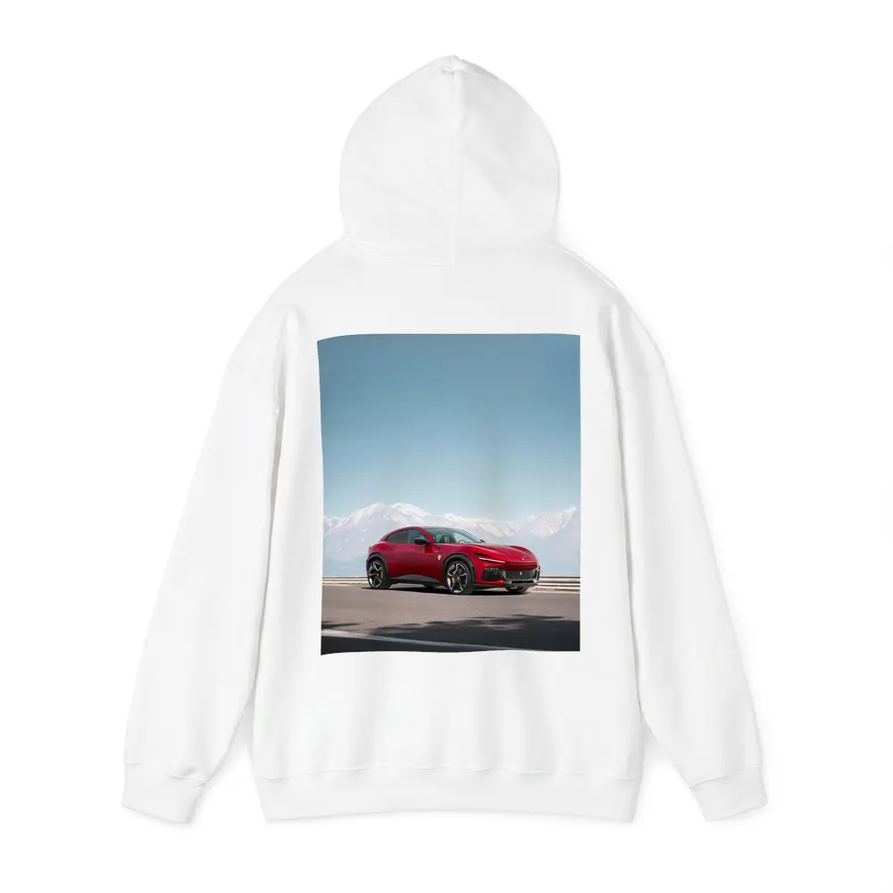 Ferrari Purosangue Red Snow Capped Mountains – Hoodies