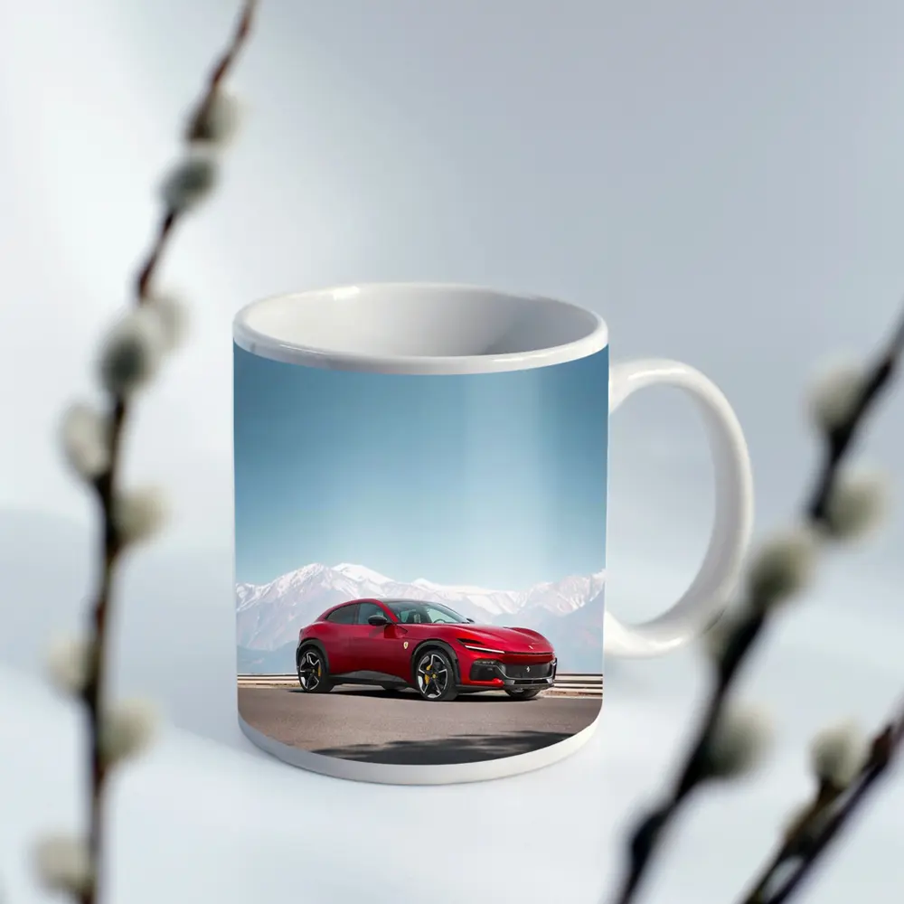 Ferrari Purosangue Red Snow Capped Mountains – Mugs