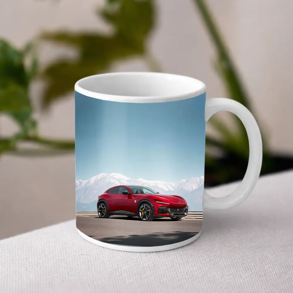 Ferrari Purosangue Red Snow Capped Mountains – Mugs