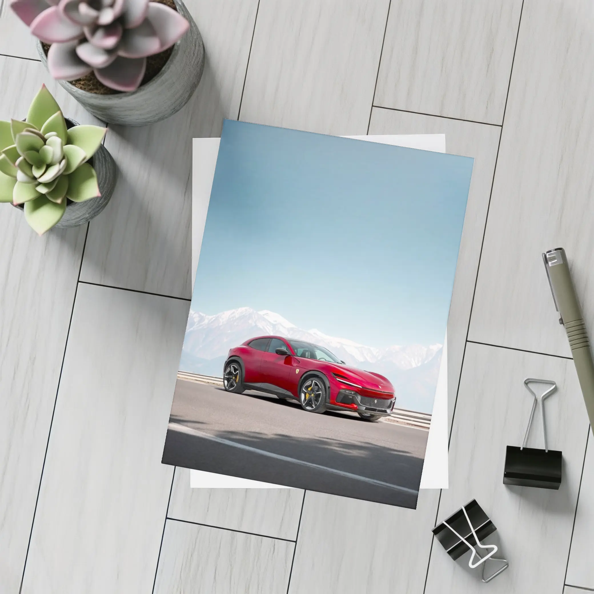 Ferrari Purosangue Red Snow Capped Mountains – Postcards