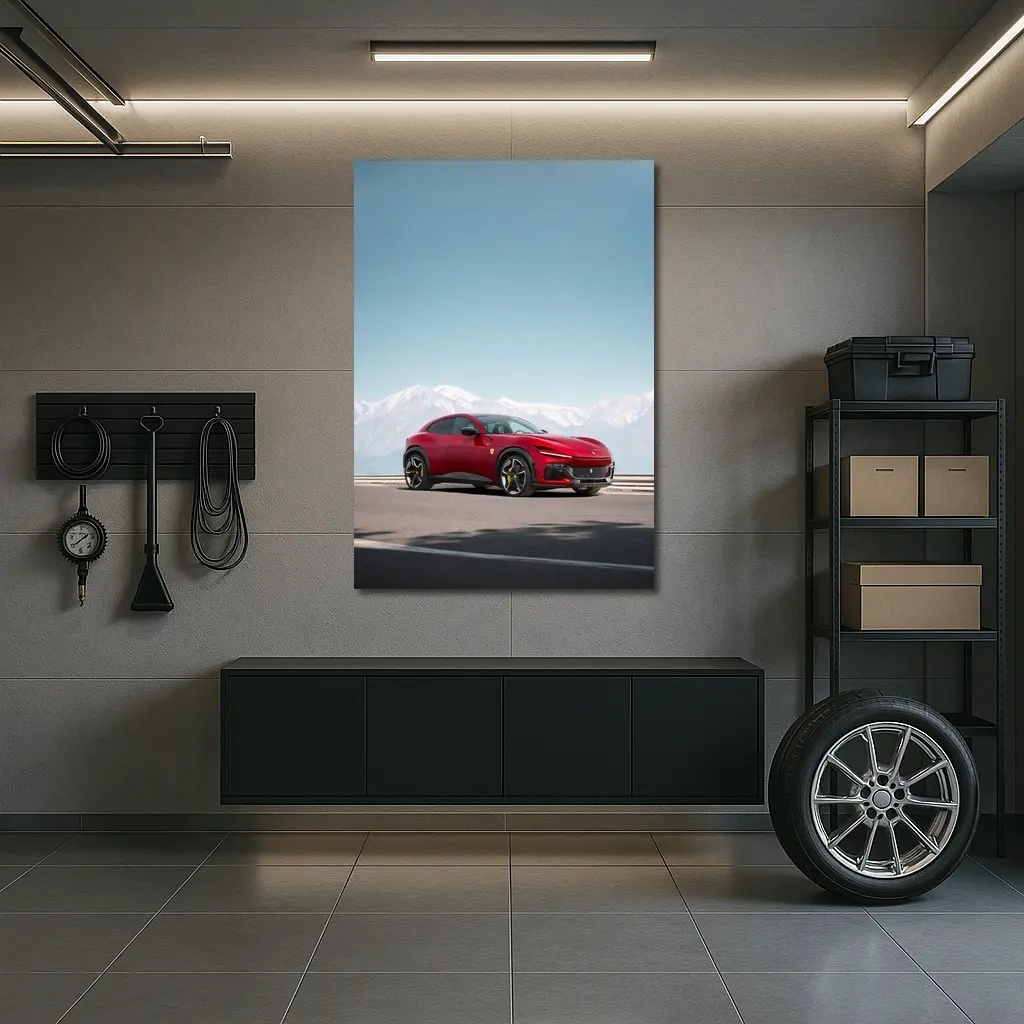 Ferrari Purosangue Red Snow Capped Mountains – Wall Art