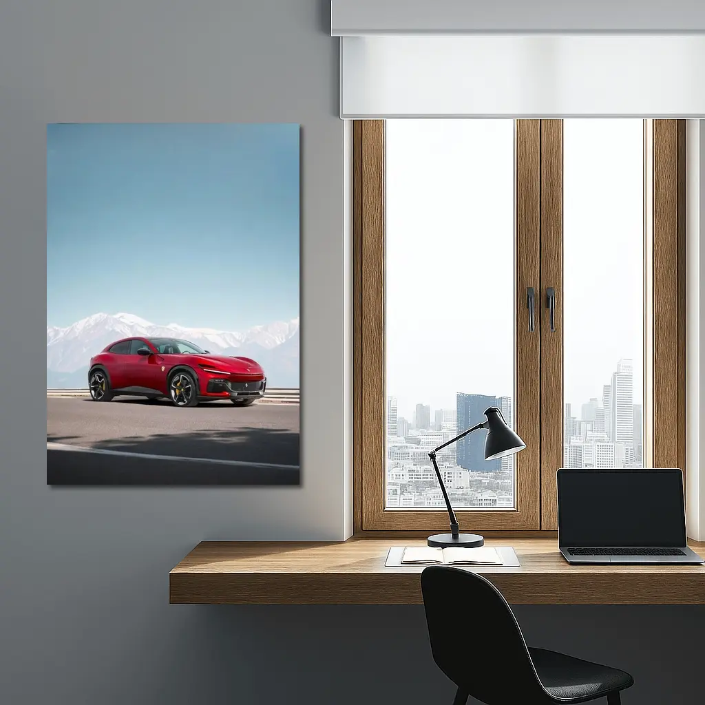 Ferrari Purosangue Red Snow Capped Mountains – Wall Art