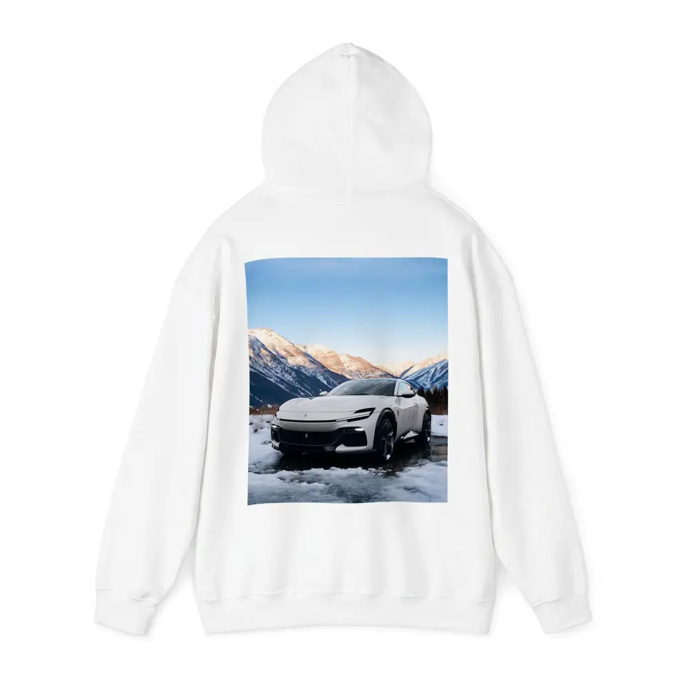 Ferrari Purosangue White Snow Mountain Backdrop – Hoodies