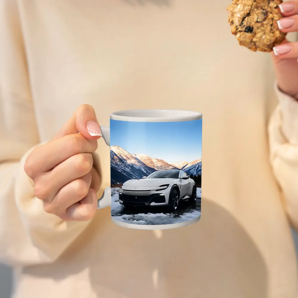Ferrari Purosangue White Snow Mountain Backdrop – Mugs