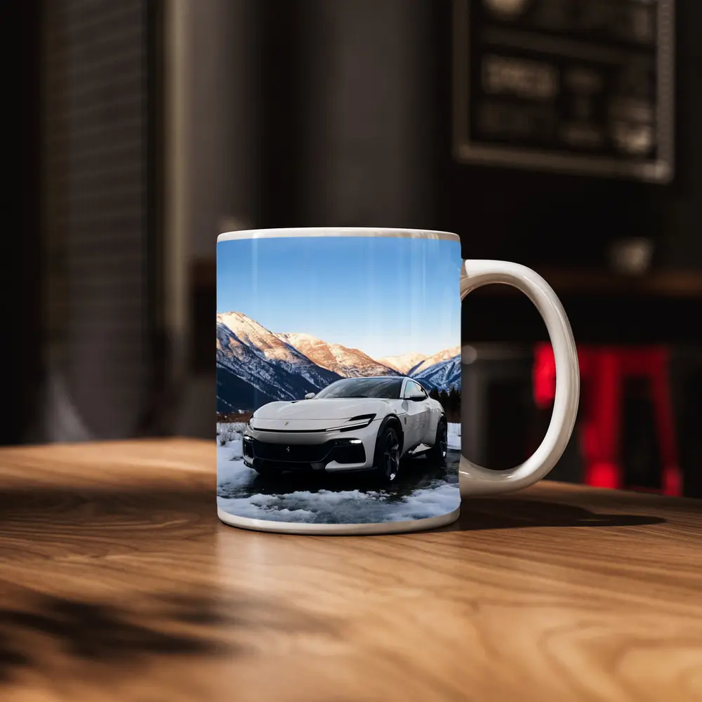 Ferrari Purosangue White Snow Mountain Backdrop – Mugs