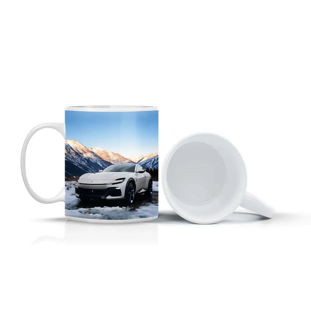 Ferrari Purosangue White Snow Mountain Backdrop – Mugs