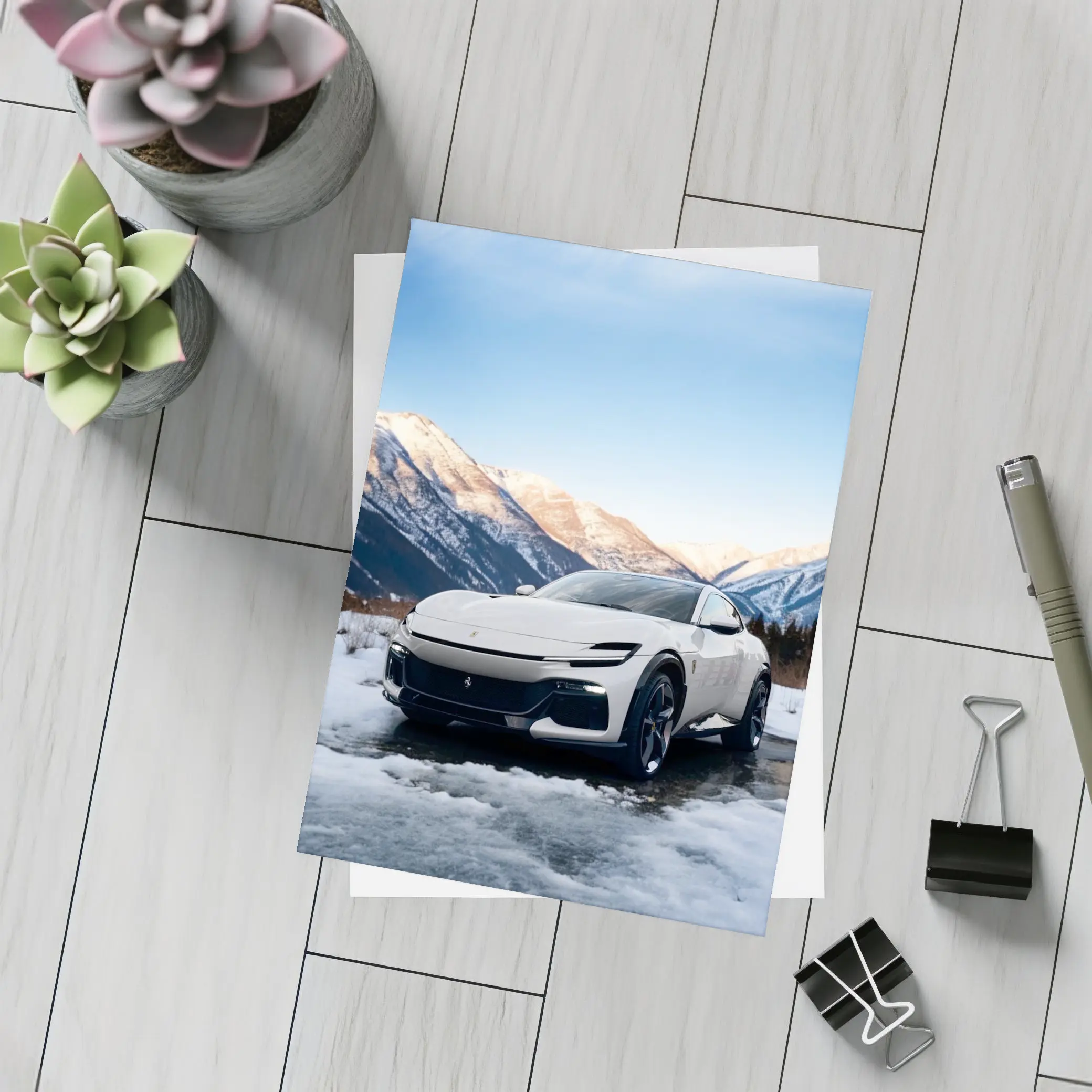 Ferrari Purosangue White Snow Mountain Backdrop – Postcards