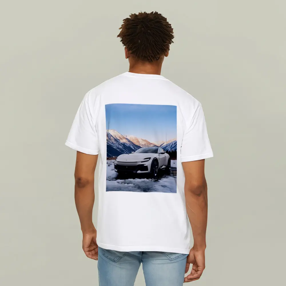 Ferrari Purosangue White Snow Mountain Backdrop – T-Shirts