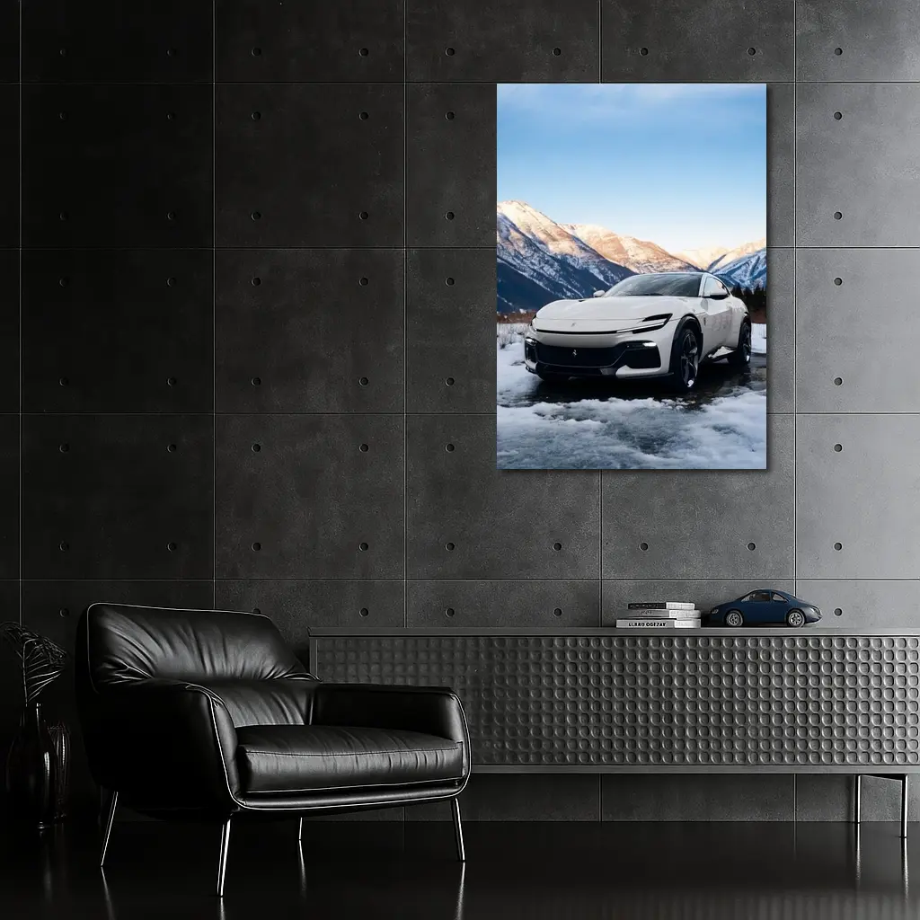 Ferrari Purosangue White Snow Mountain Backdrop – Wall Art