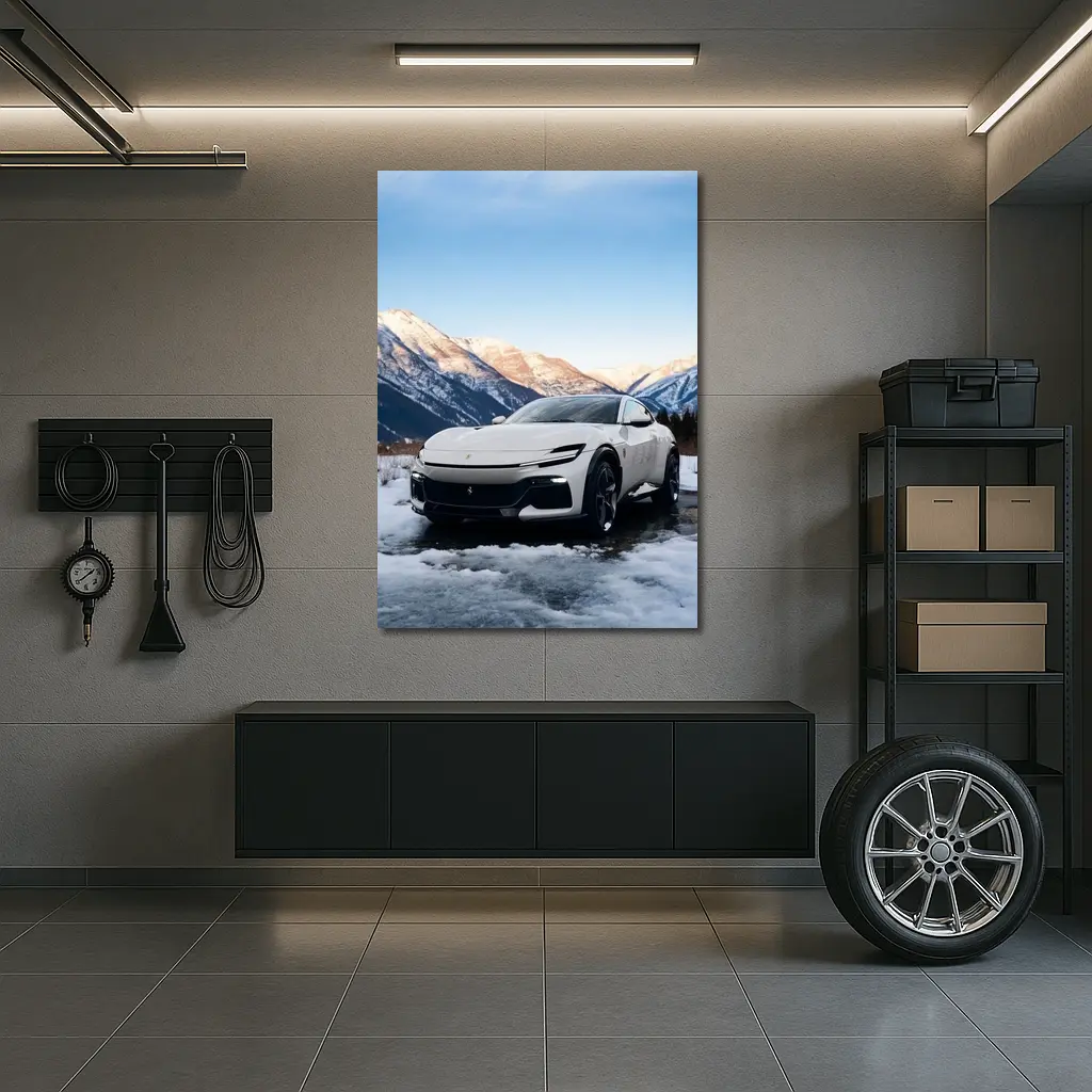 Ferrari Purosangue White Snow Mountain Backdrop – Wall Art