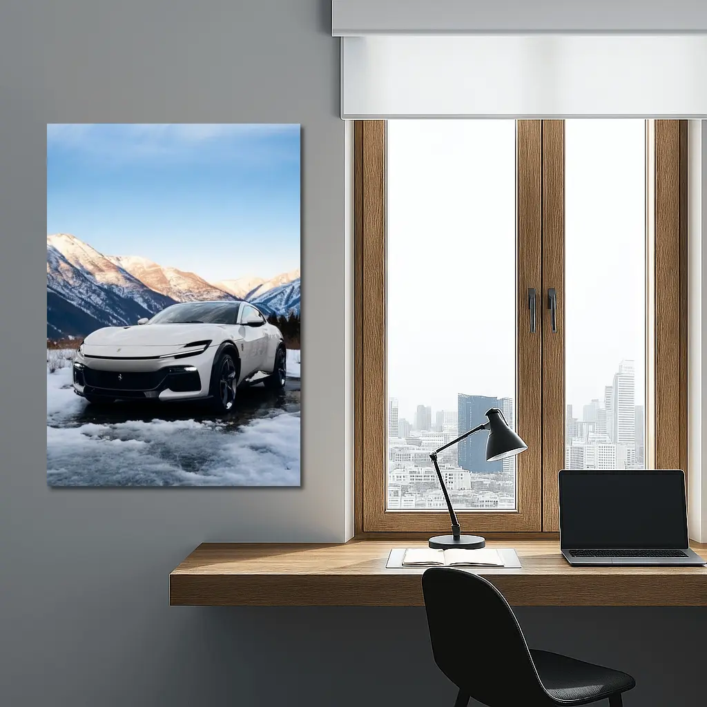 Ferrari Purosangue White Snow Mountain Backdrop – Wall Art