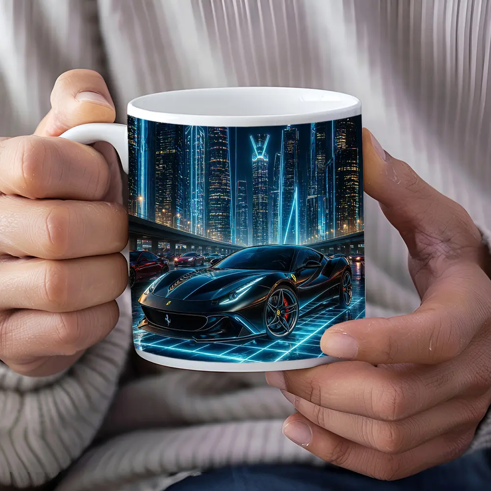 Ferrari Roma Black Neon Futuristic City Night – Mugs
