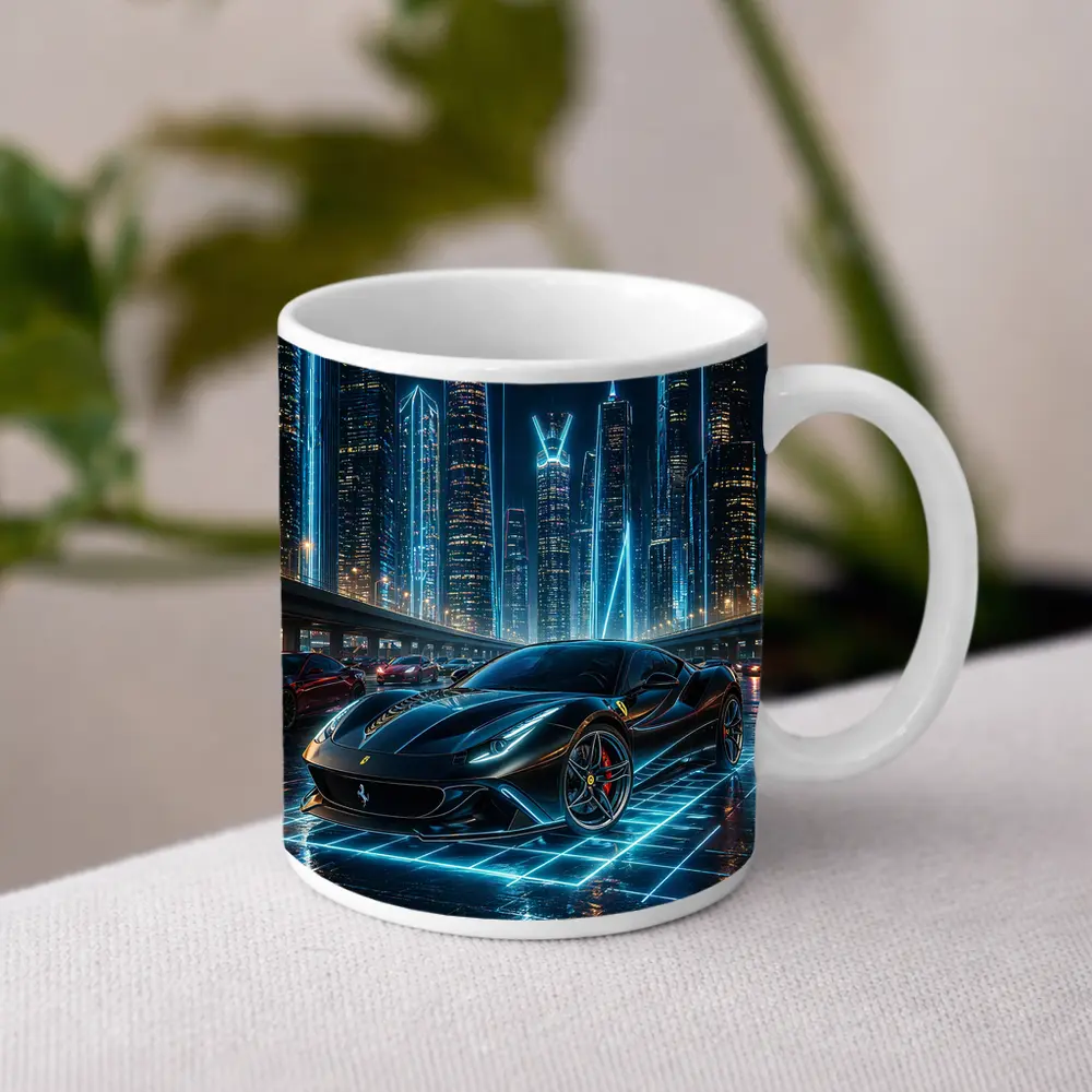 Ferrari Roma Black Neon Futuristic City Night – Mugs