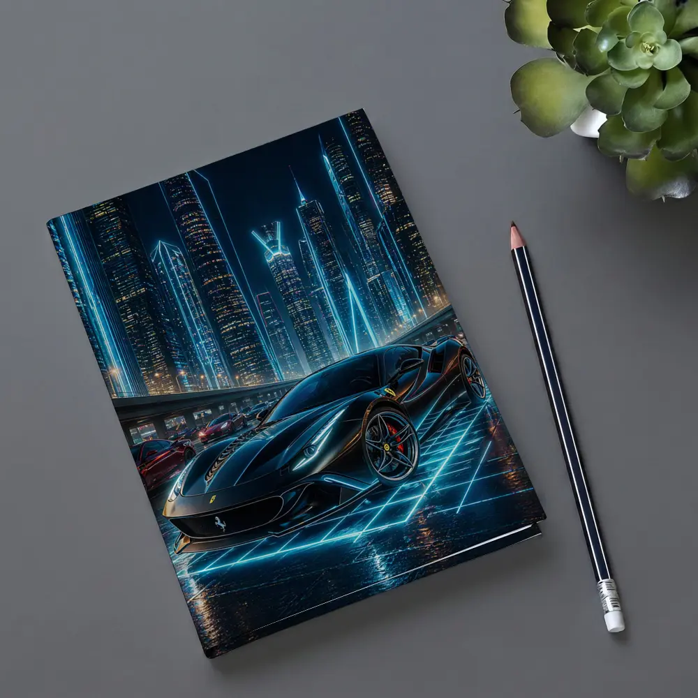 Ferrari Roma Black Neon Futuristic City Night – Notebooks