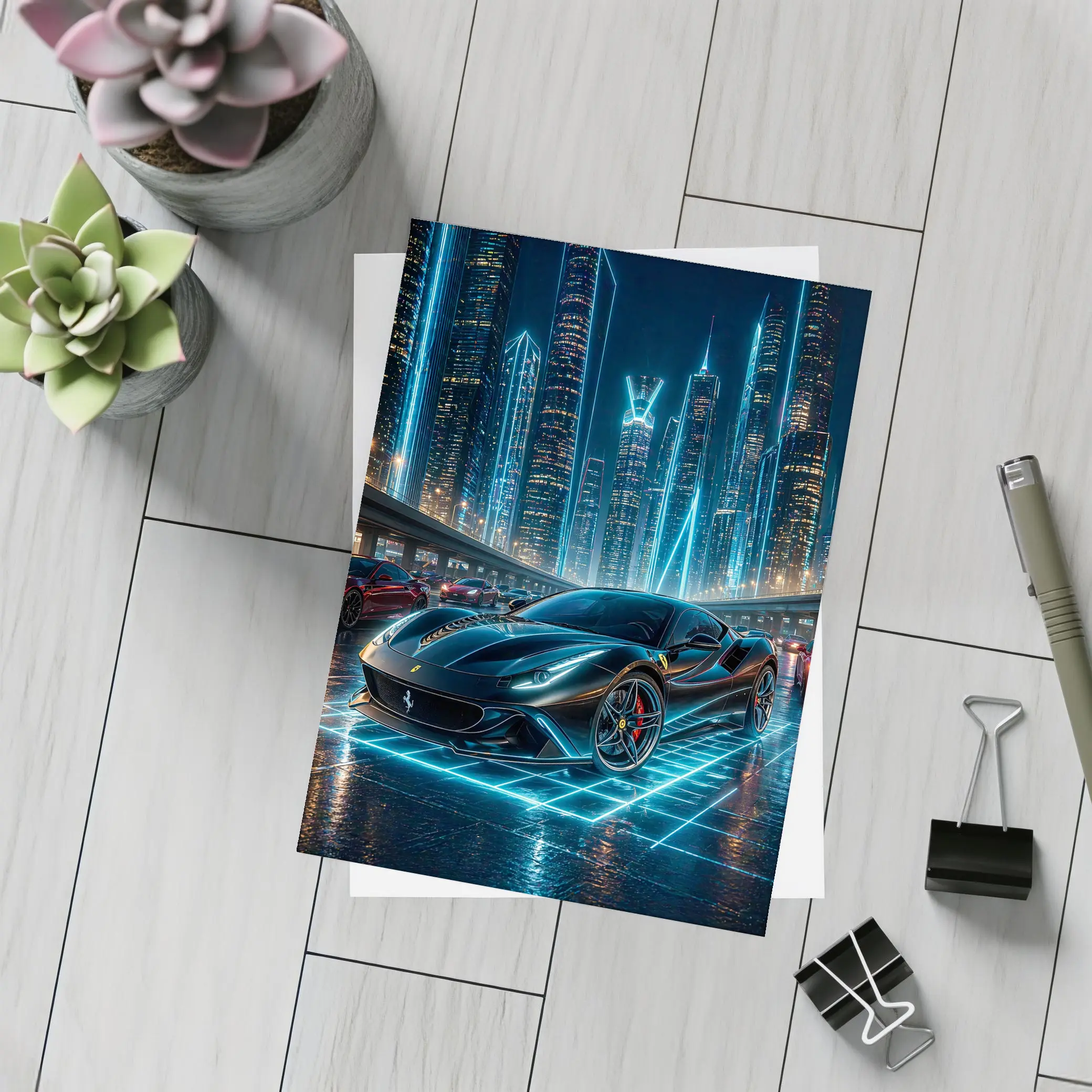 Ferrari Roma Black Neon Futuristic City Night – Postcards