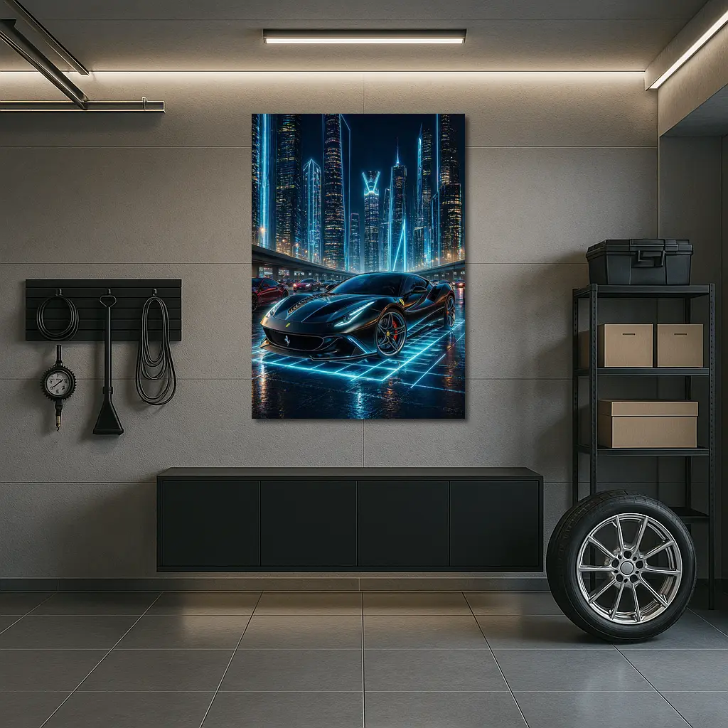 Ferrari Roma Black Neon Futuristic City Night – Wall Art
