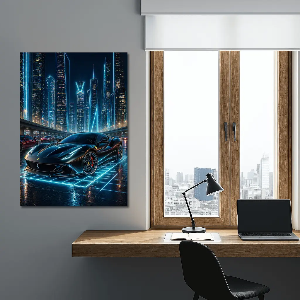 Ferrari Roma Black Neon Futuristic City Night – Wall Art