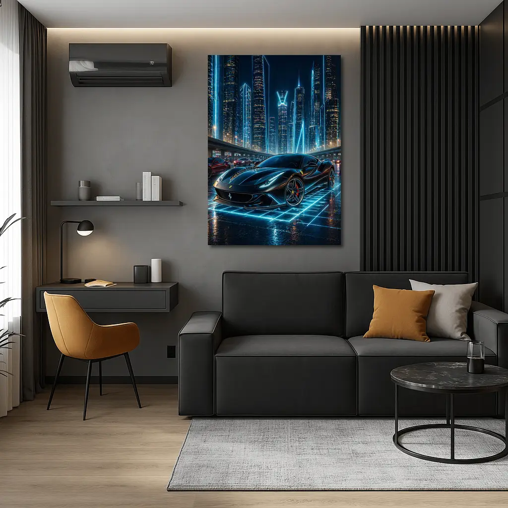 Ferrari Roma Black Neon Futuristic City Night – Wall Art