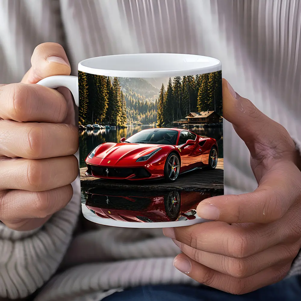 Ferrari F8 Red Sports Car Mountain Lake – Mugs