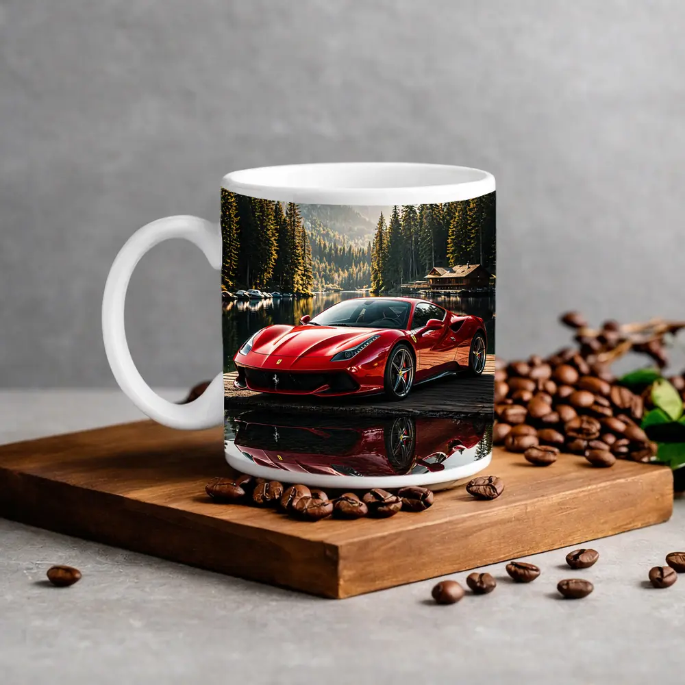 Ferrari F8 Red Sports Car Mountain Lake – Mugs
