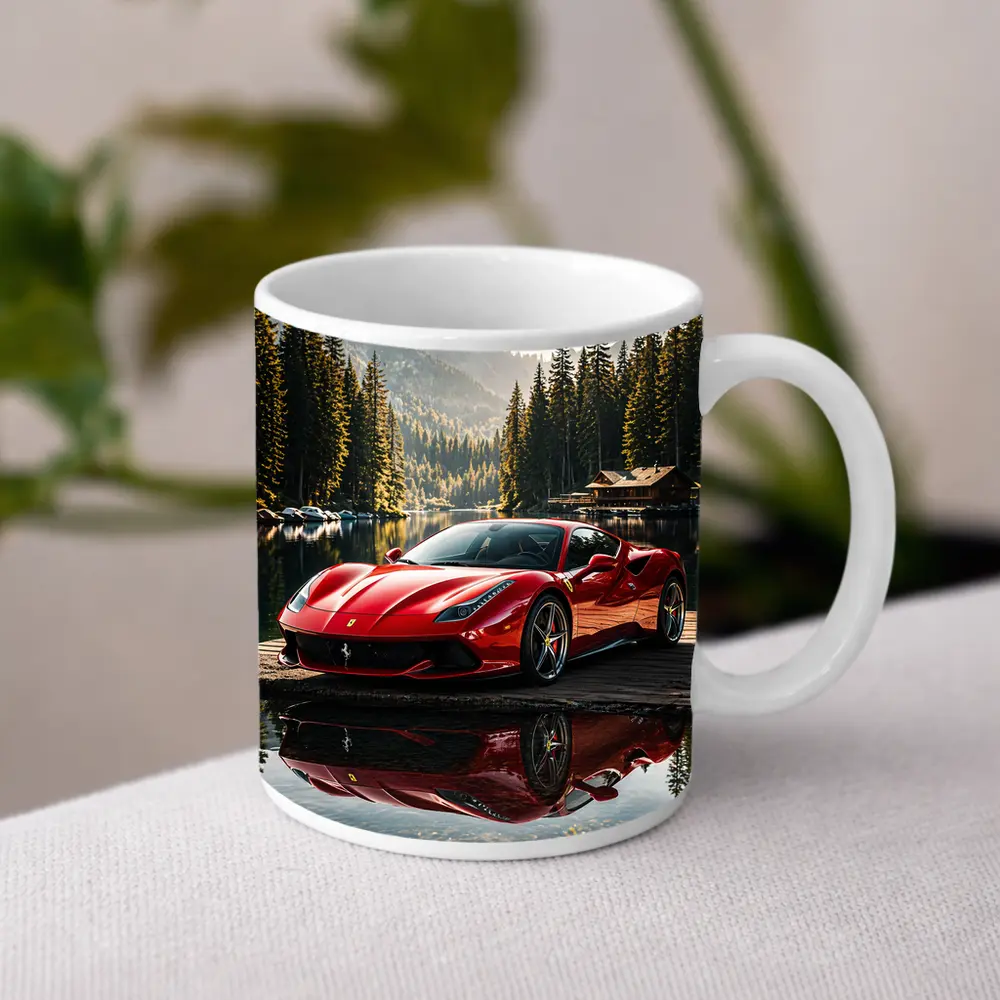 Ferrari F8 Red Sports Car Mountain Lake – Mugs