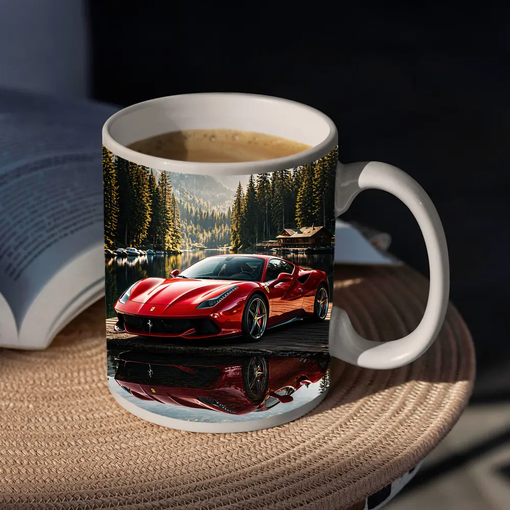 Ferrari F8 Red Sports Car Mountain Lake – Mugs