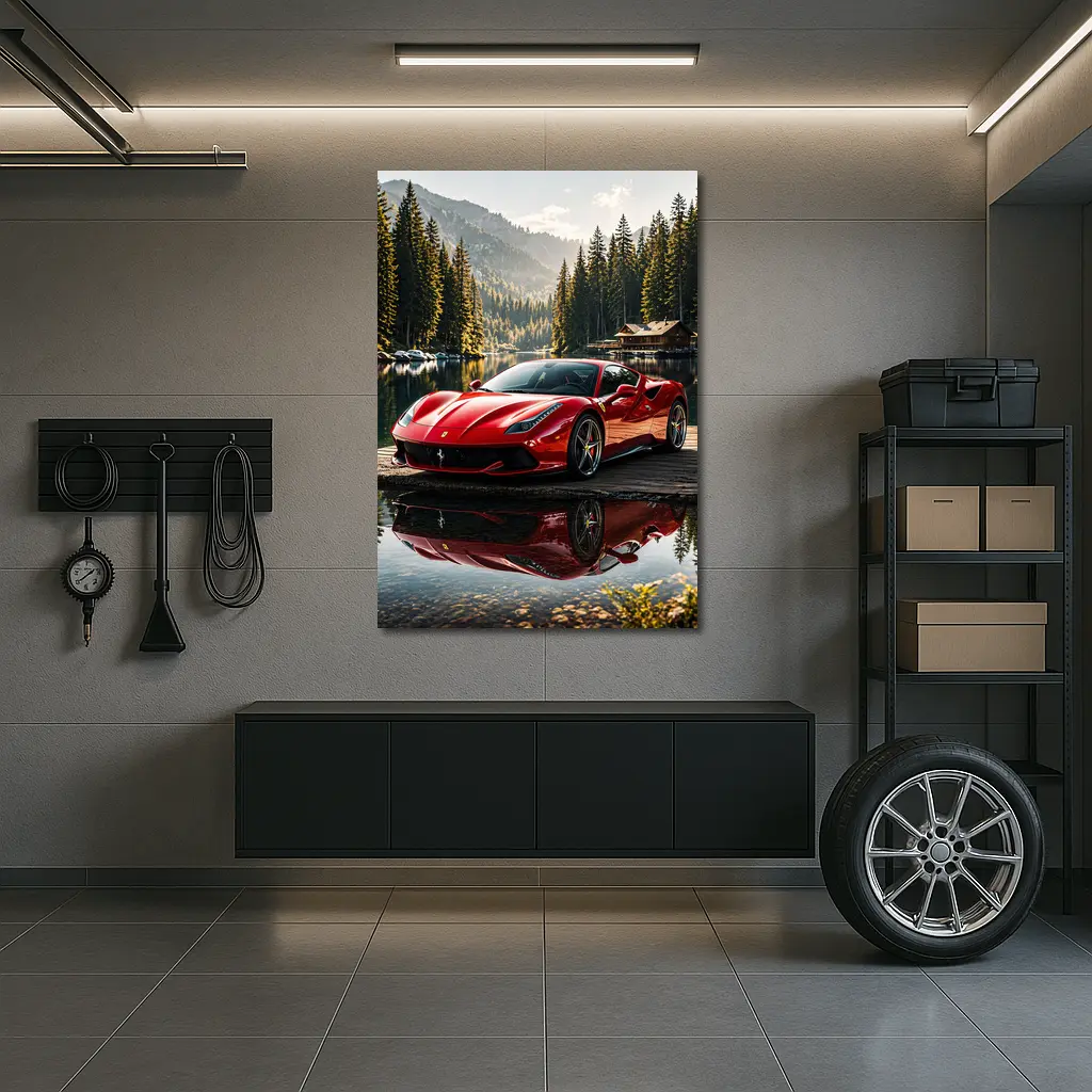 Ferrari F8 Red Sports Car Mountain Lake – Wall Art