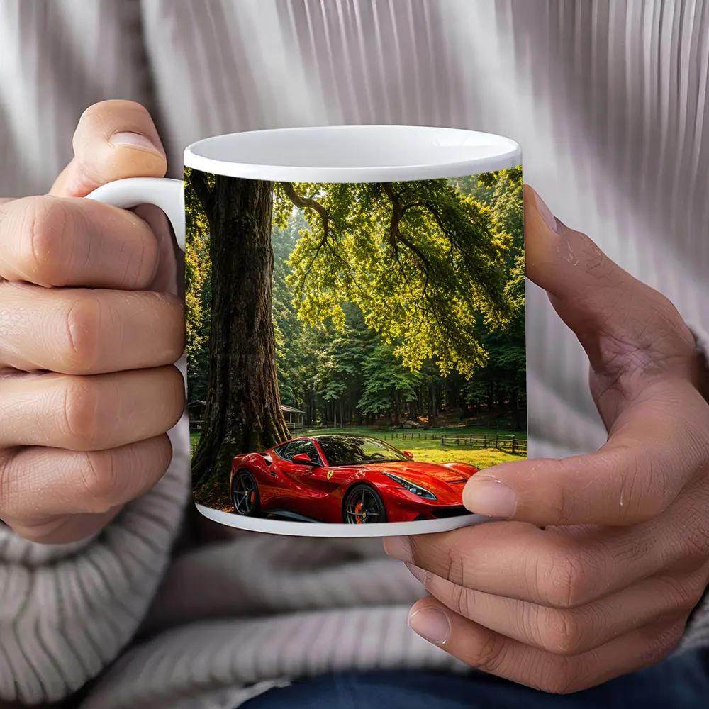 Ferrari Roma Red Sports Car Forest Setting – Mugs