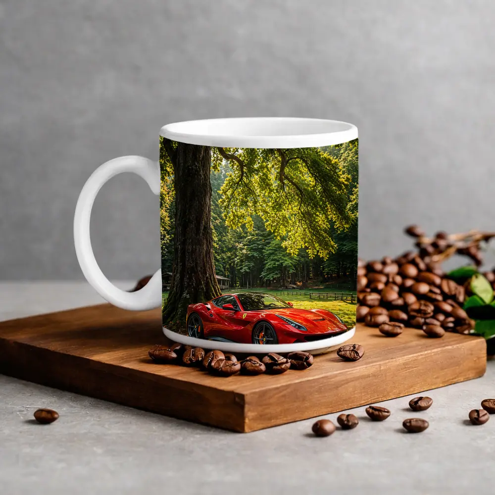 Ferrari Roma Red Sports Car Forest Setting – Mugs