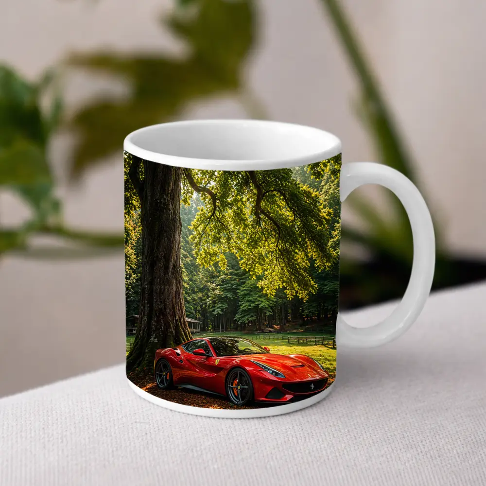 Ferrari Roma Red Sports Car Forest Setting – Mugs