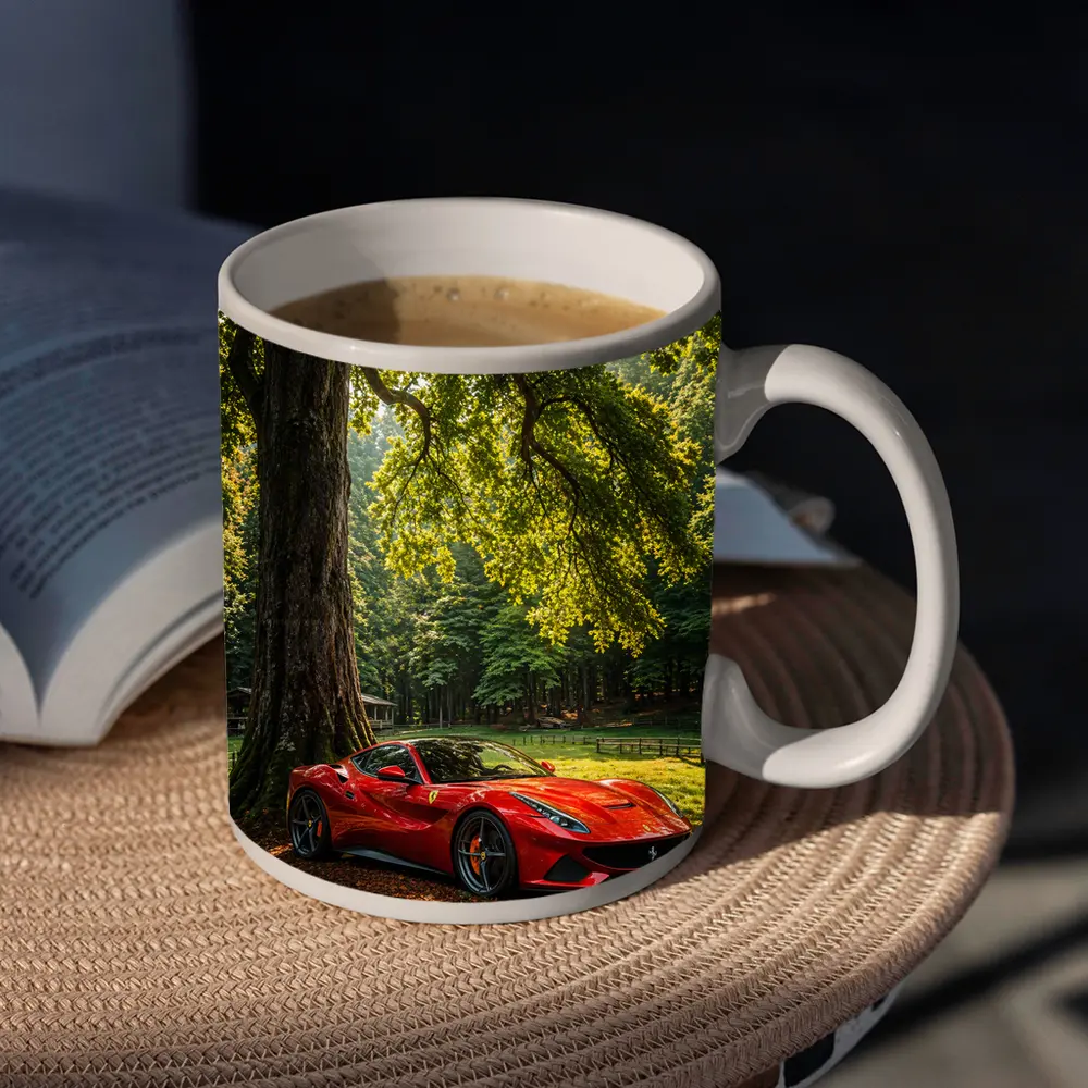 Ferrari Roma Red Sports Car Forest Setting – Mugs