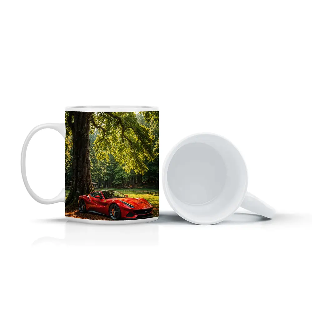 Ferrari Roma Red Sports Car Forest Setting – Mugs