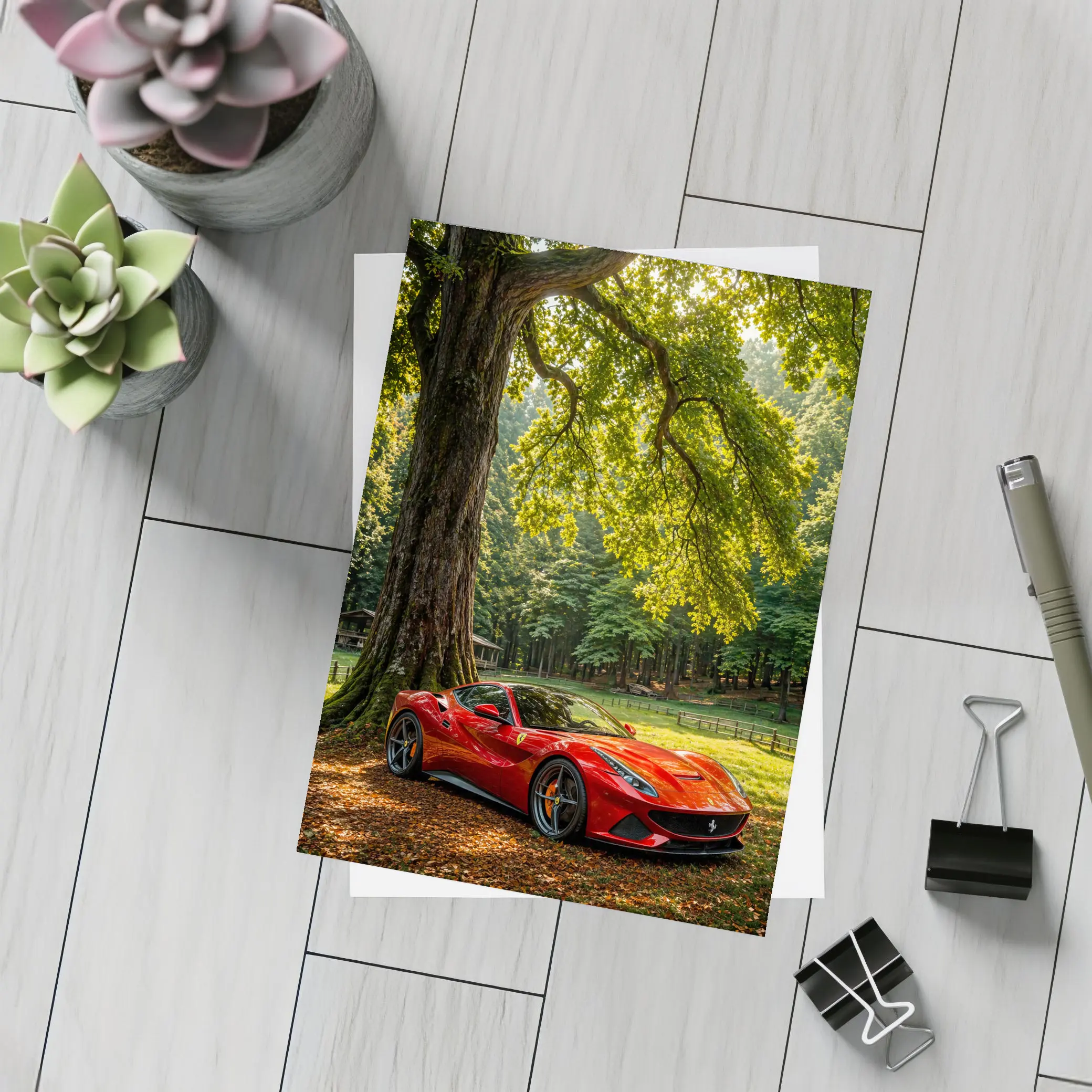Ferrari Roma Red Sports Car Forest Setting – Postcards
