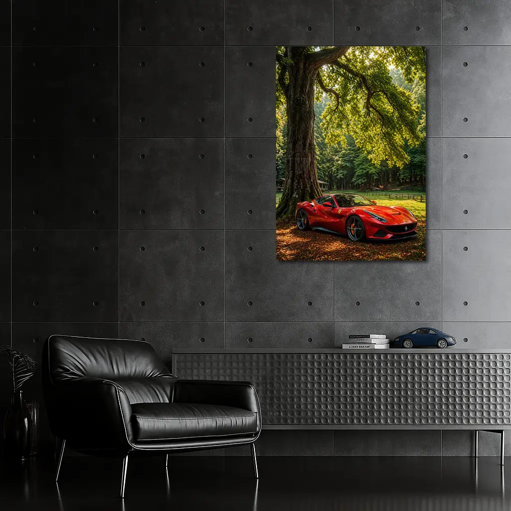 Ferrari Roma Red Sports Car Forest Setting – Wall Art