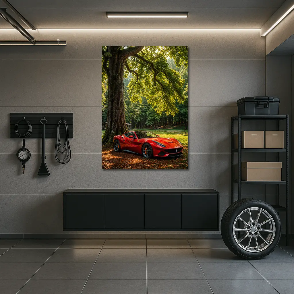 Ferrari Roma Red Sports Car Forest Setting – Wall Art