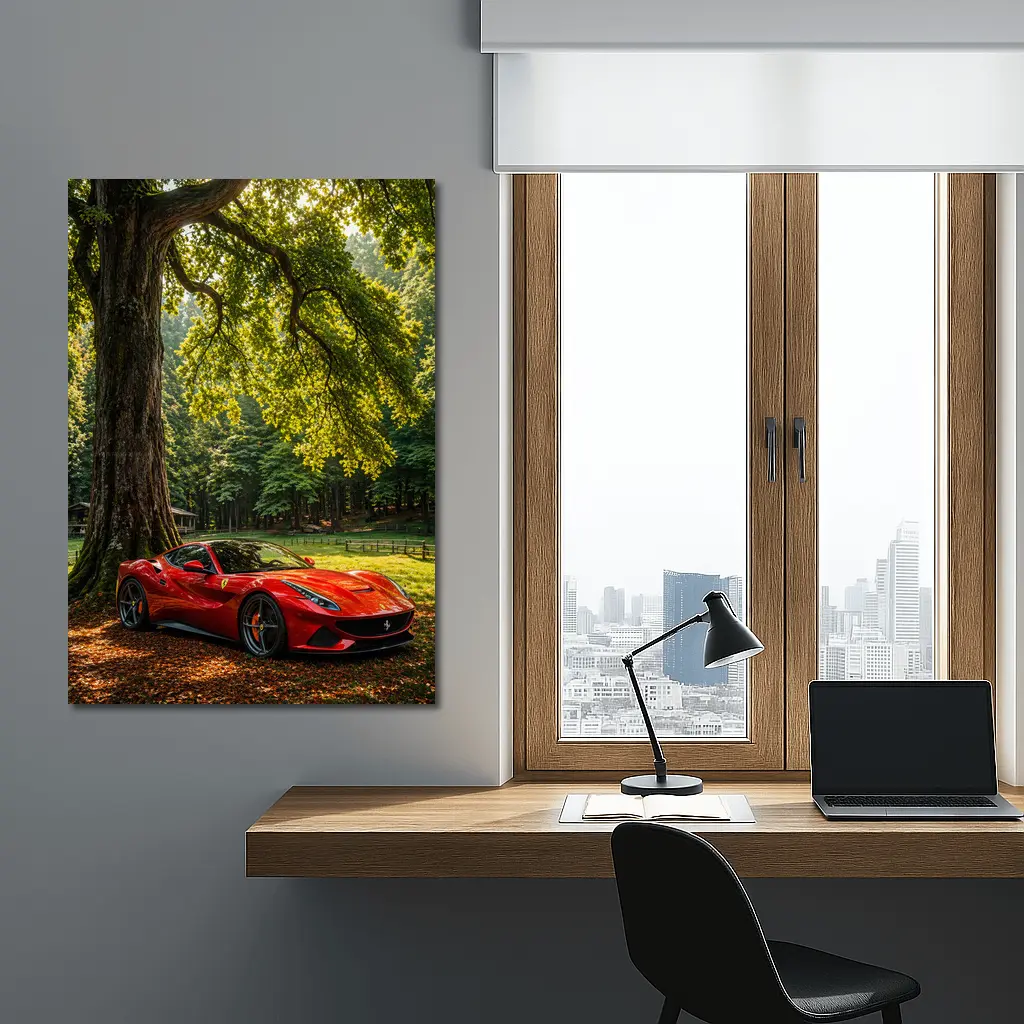 Ferrari Roma Red Sports Car Forest Setting – Wall Art