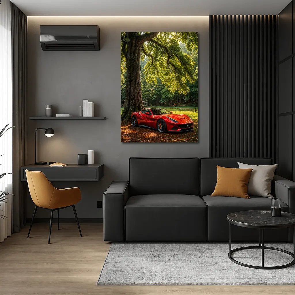 Ferrari Roma Red Sports Car Forest Setting – Wall Art